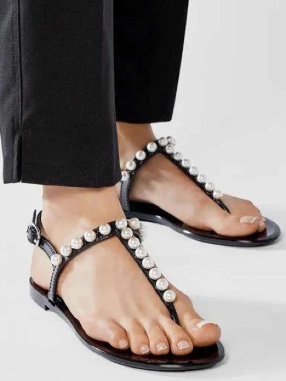 {Stuart Weitzman}  Goldie Pearl-Embellished T-Strap Jelly Sandals